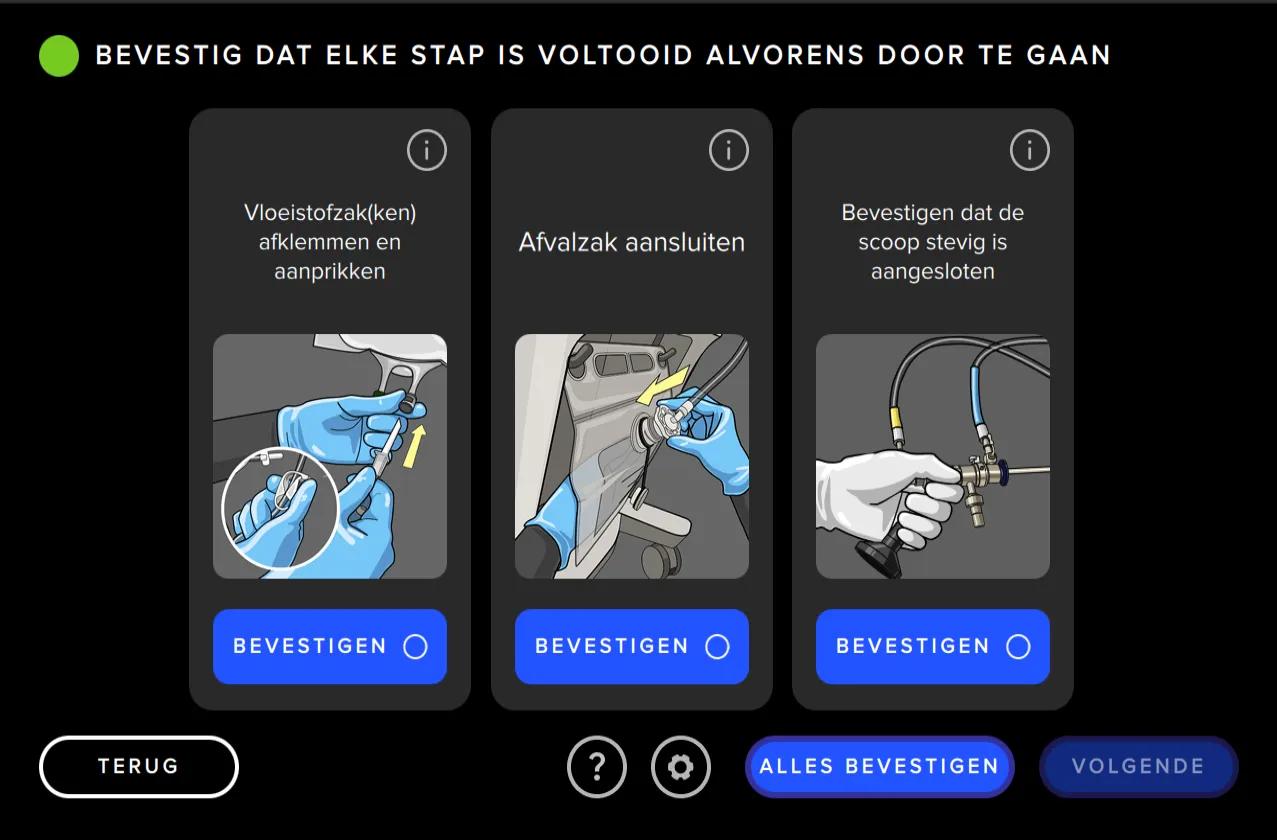 Screenshot van de gebruikersinterface van Fluent Pro Fluid Management Systeem, waarop de systeeminstellingen te zien zijn.