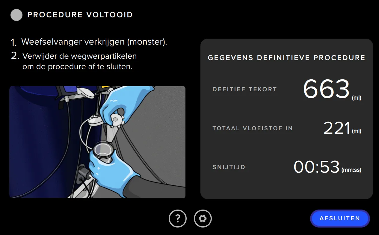 Screenshot van de gebruikersinterface van Fluent Pro Fluid Management Systeem met een samenvatting van de procedure.