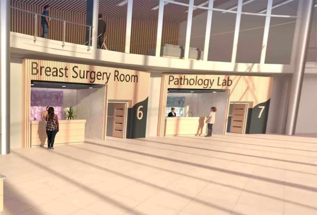 Vrouw bezoekt virtueel ziekenhuis met borstoperatiekamer en pathologielaboratorium