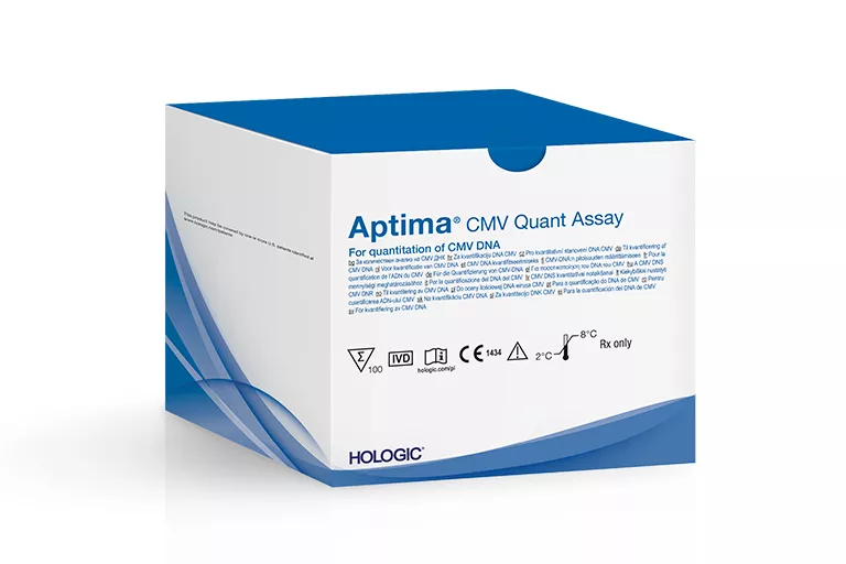 Afbeelding van doos Aptima® CMV quant assay op witte achtergrond